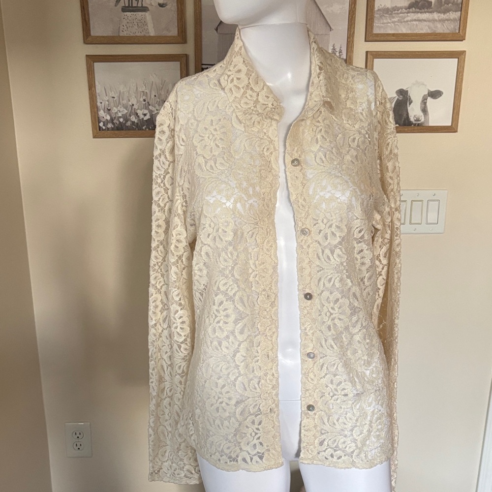 J. Jill Cream Lace Women's Button Down Blouse in Ivory